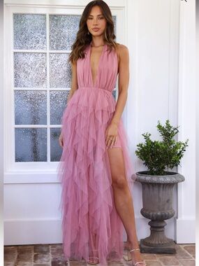 Hello Molly Dusty Pink Halter Ruffle Tulle Maxi Dress